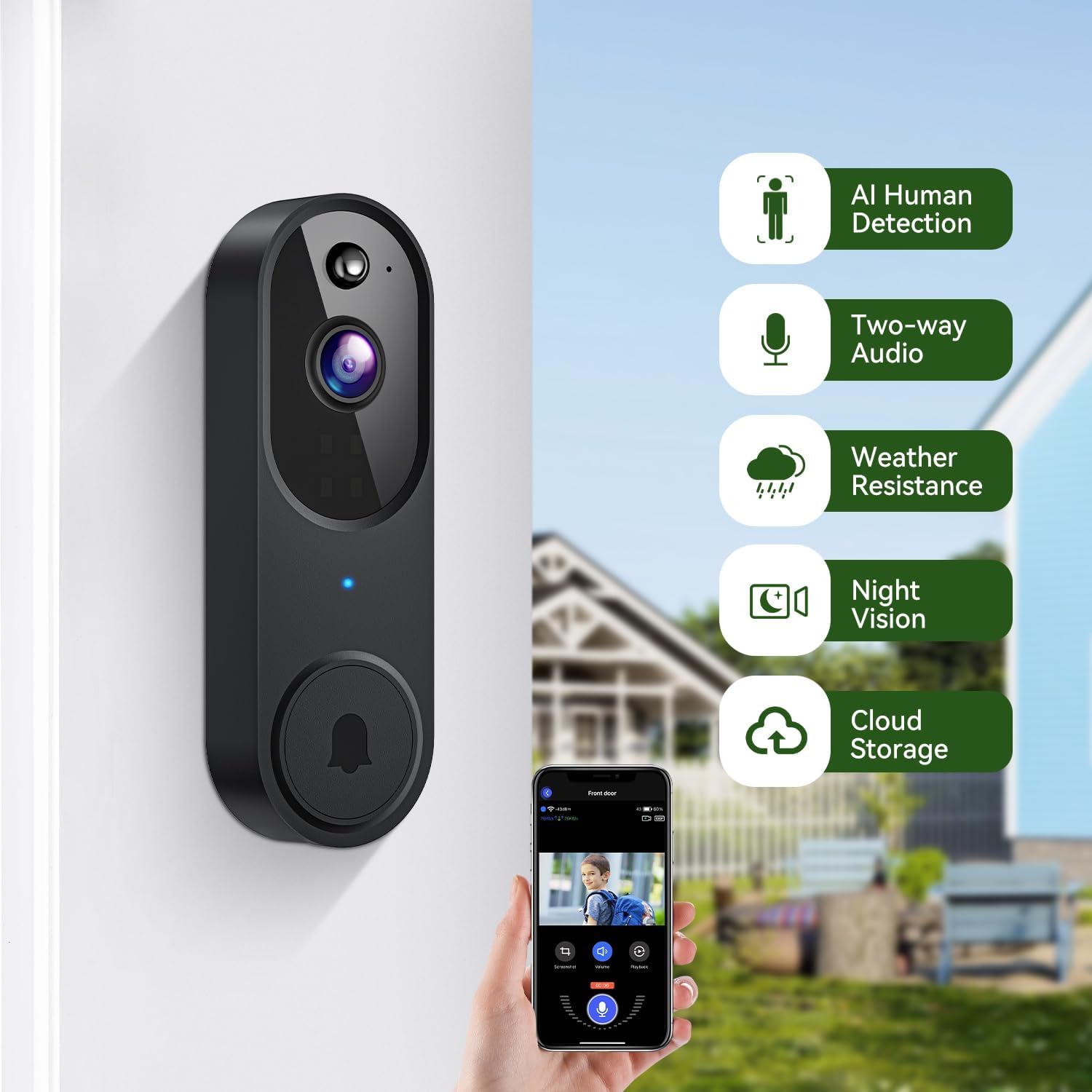 1080P Smart Wireless Video Doorbell Camera with Chime, Night Vision, Real-Time Alerts, AI Human Detection, 2.4G WiFi, Two-Way Talk, Cloud Storage, Battery Rechargeable, Weather-Resistant - Image 2
