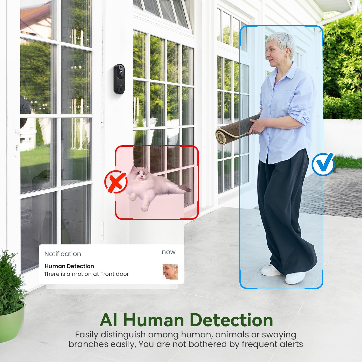 1080P Smart Wireless Video Doorbell Camera with Chime, Night Vision, Real-Time Alerts, AI Human Detection, 2.4G WiFi, Two-Way Talk, Cloud Storage, Battery Rechargeable, Weather-Resistant - Image 3