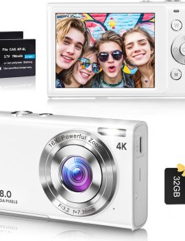 Digital Camera, 4K Vlogging Camera for YouTube Autofocus 48MP UHD Cameras for Photography with Anti-Shake, 16X Digital Zoom Point and Shoot Digital Camera with 32GB Card for Teens Adult Beginner-White