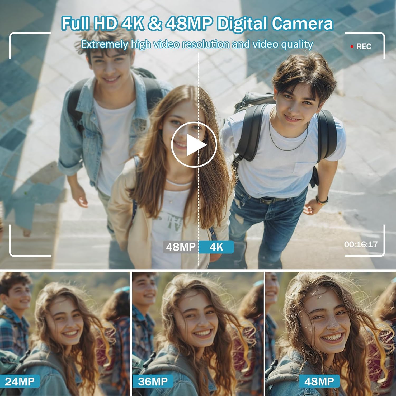 Digital Camera, 4K Vlogging Camera for YouTube Autofocus 48MP UHD Cameras for Photography with Anti-Shake, 16X Digital Zoom Point and Shoot Digital Camera with 32GB Card for Teens Adult Beginner-White - Image 3