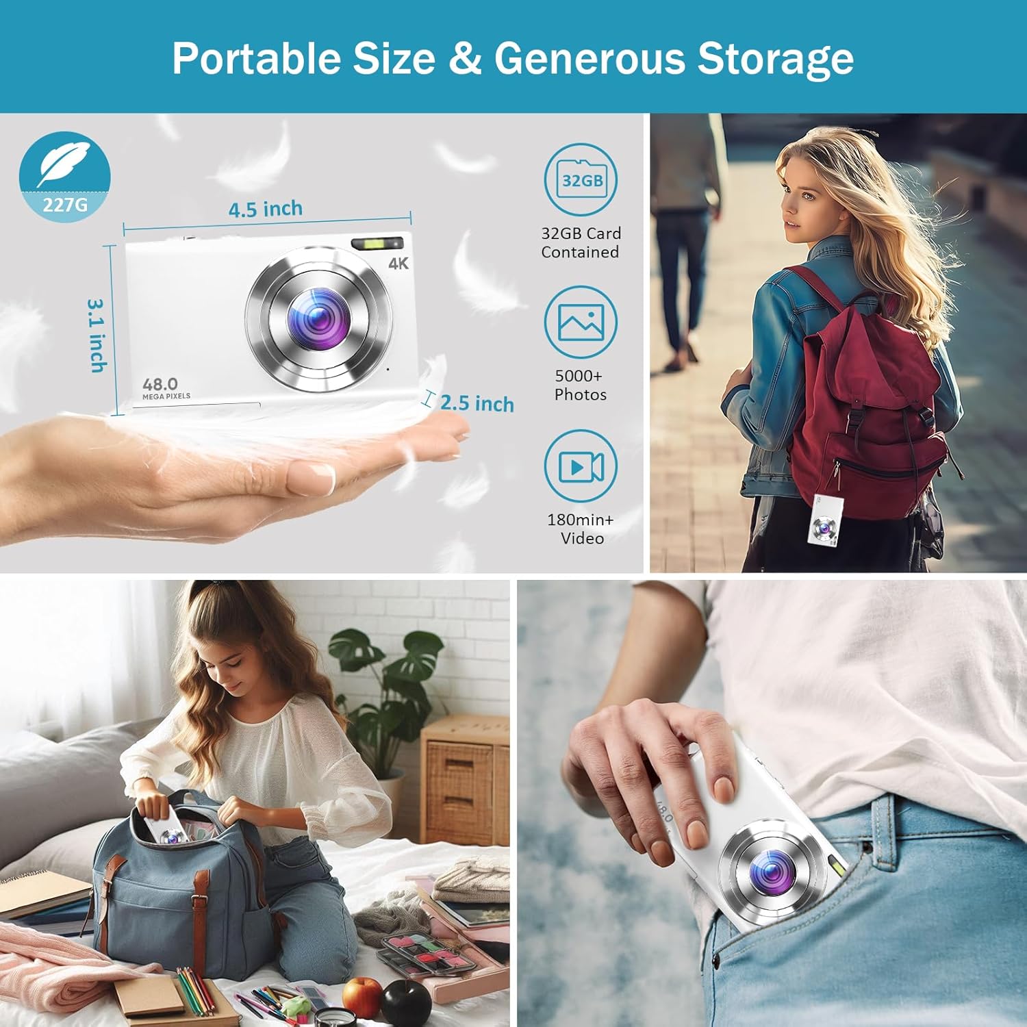 Digital Camera, 4K Vlogging Camera for YouTube Autofocus 48MP UHD Cameras for Photography with Anti-Shake, 16X Digital Zoom Point and Shoot Digital Camera with 32GB Card for Teens Adult Beginner-White - Image 5