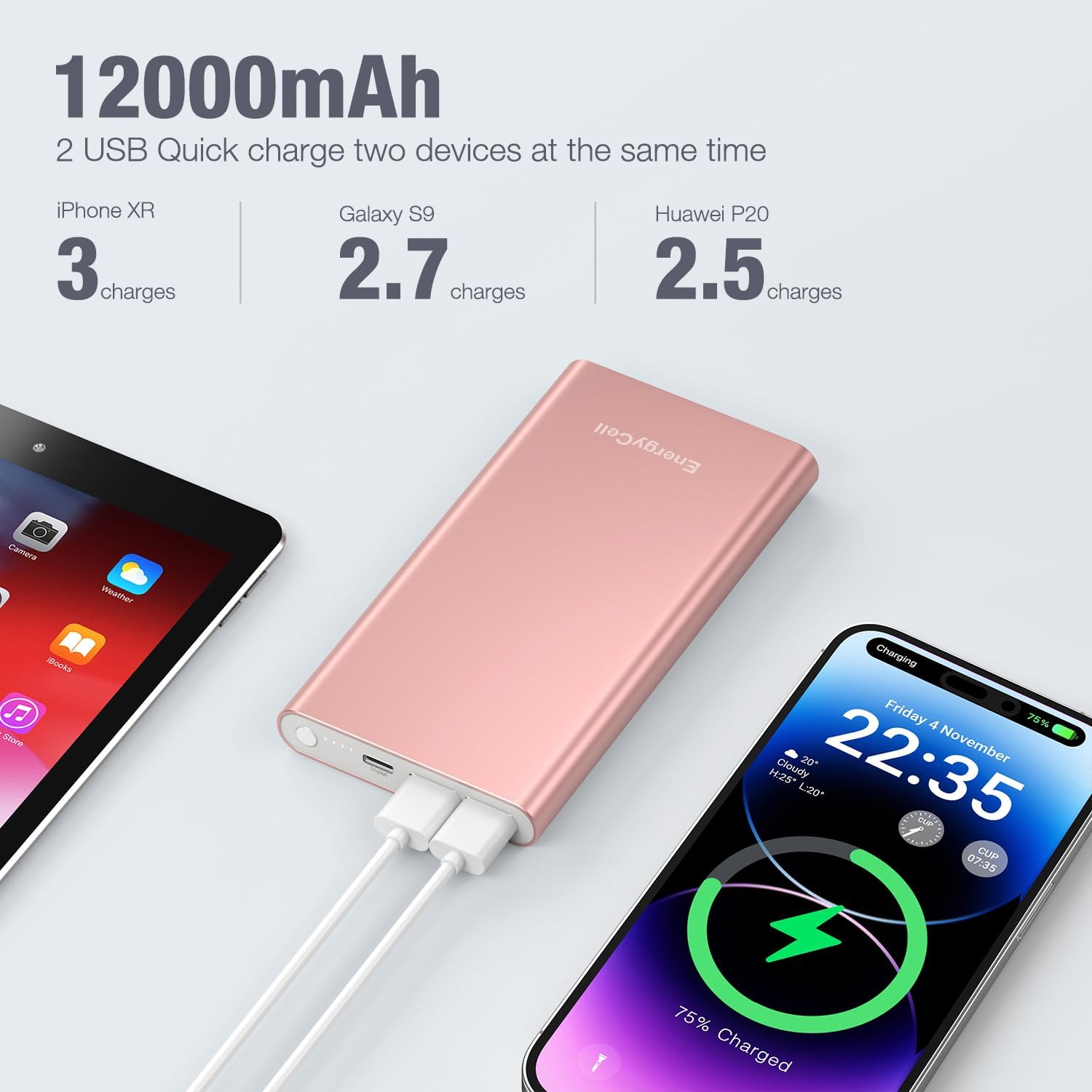 Pilot 4GS Portable Charger 12000mAh Fast Charging Power Bank Dual 3A High-Speed Output Battery Pack Compatible with iPhone 16 15 14 13 12 11 and More(Charging Cable Included (Rose Gold) - Image 4