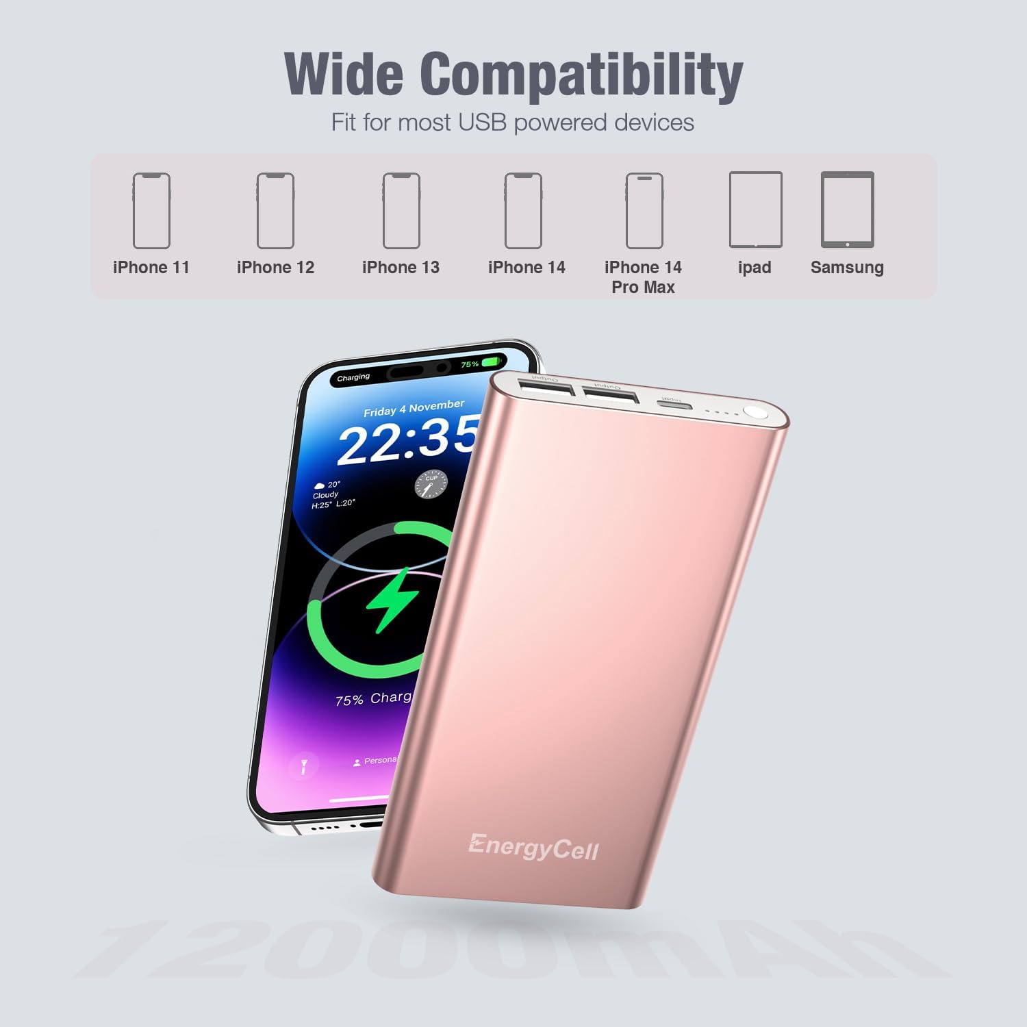 Pilot 4GS Portable Charger 12000mAh Fast Charging Power Bank Dual 3A High-Speed Output Battery Pack Compatible with iPhone 16 15 14 13 12 11 and More(Charging Cable Included (Rose Gold) - Image 6