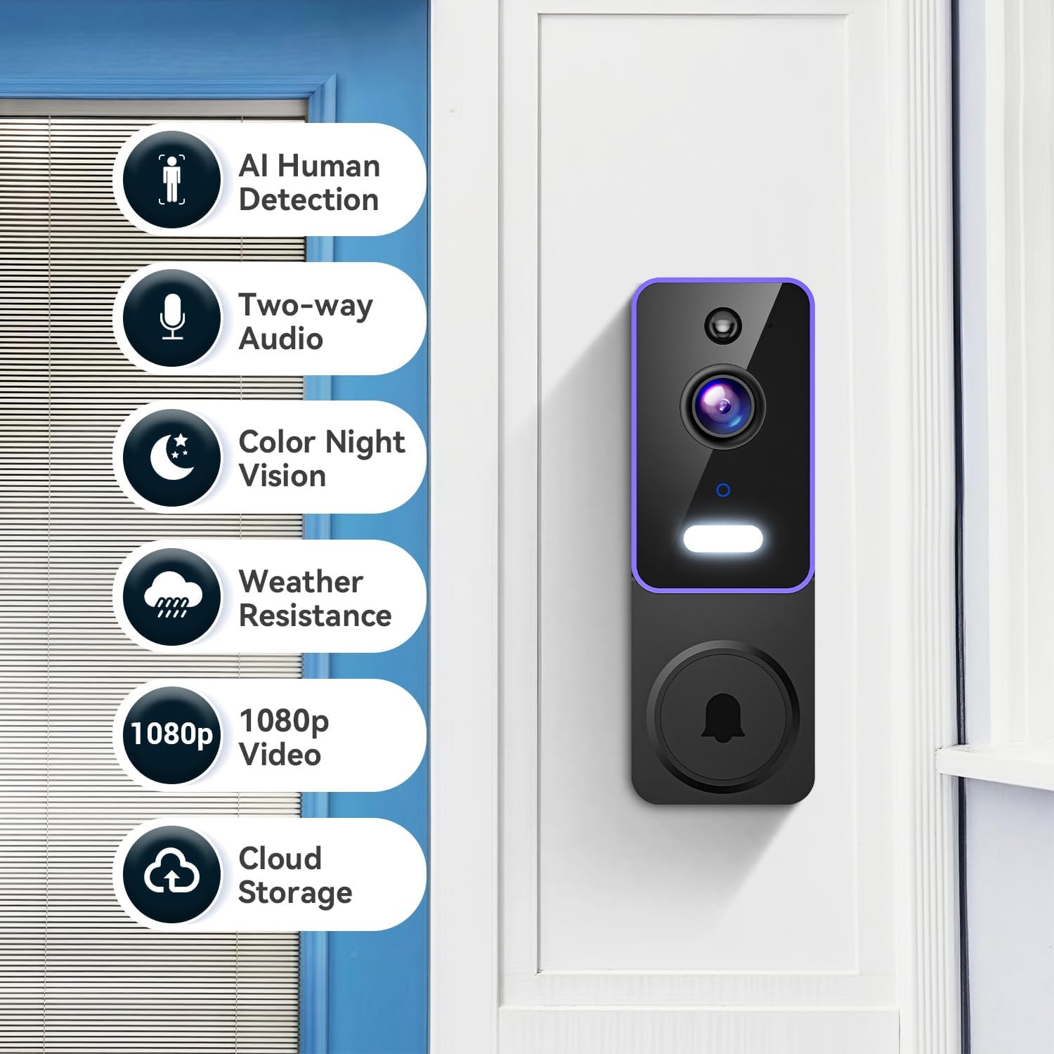 Smart Video Doorbell Camera, Wireless Indoor/Outdoor Surveillance Cam, AI Human Detection, Live View, Included Chime, 2-Way Audio, Night Vision, Cloud Storage Sold Separately, 2.4G WiFi - Image 2